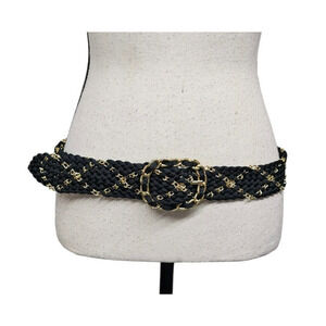 Vintage ROC Wide Black Gold Braided Chain Fashion Belt 80s 90s L /42" Glam